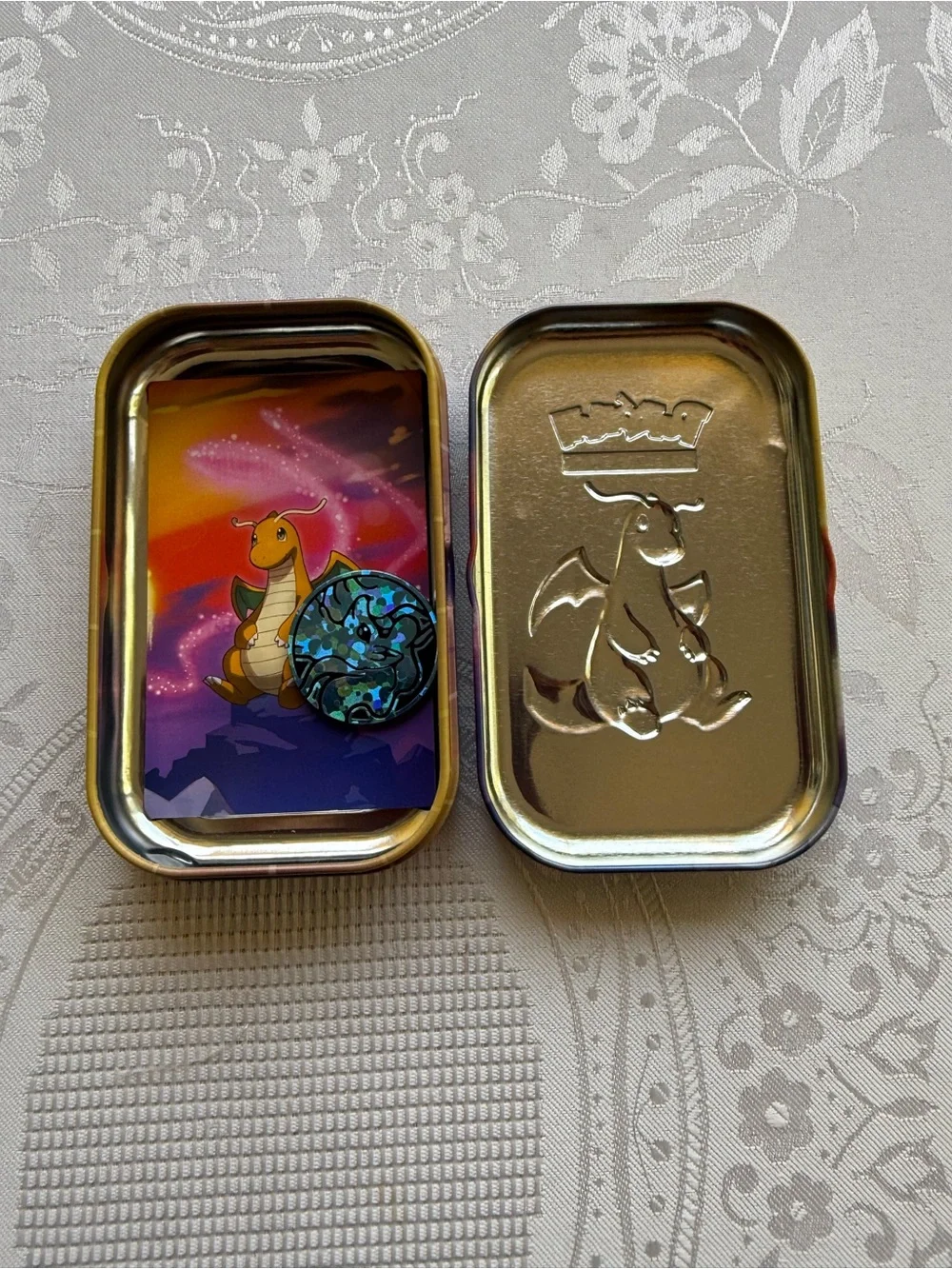 Pokemon Mini Tin Case with Yellow Dragonite and Purple-Orange Gradient